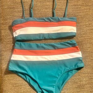 Striped Bandeau High-Waist Bikini - Teal, Coral & White